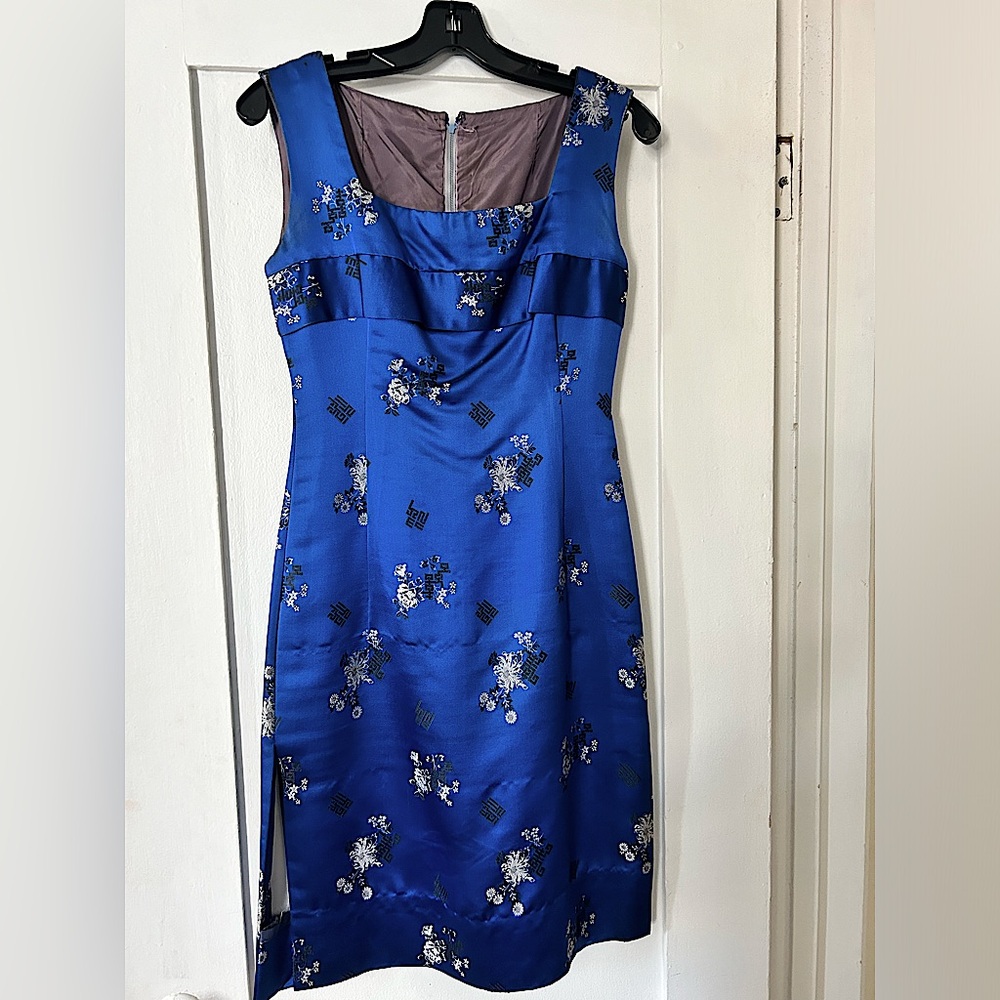 Vintage Asian inspired royal blue cocktail dress. Very fitted mini with a slit.
